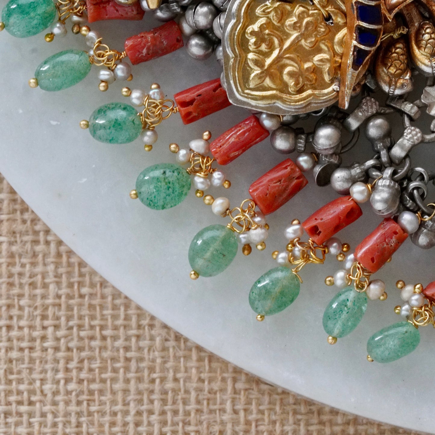 Blue round Stone and Peacock motifs with Coral hangings