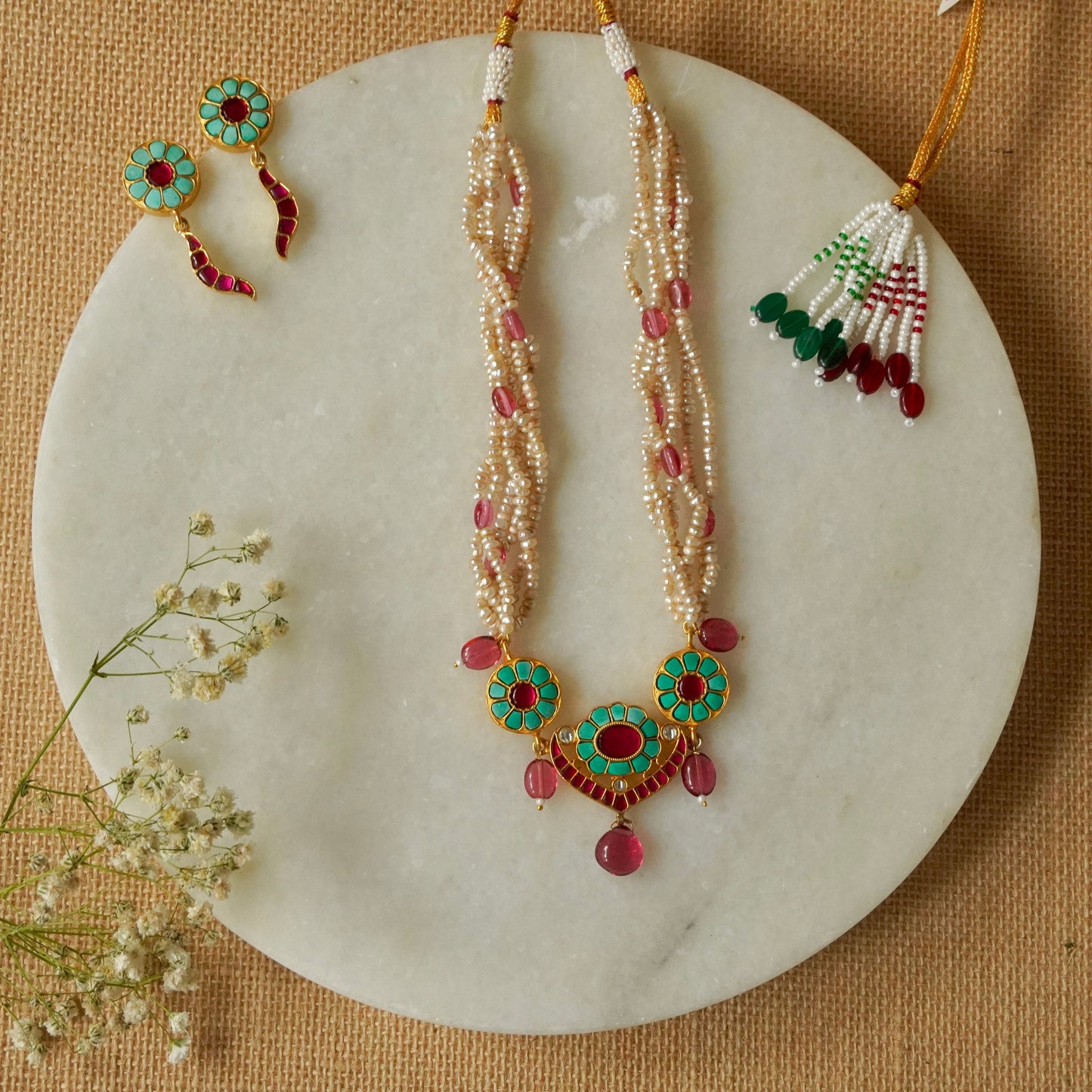 Firoza and pink, 3-piece Choker strung in precious pearls with earrings