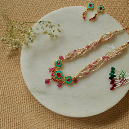 Firoza and pink, 3-piece Choker strung in precious pearls with earrings