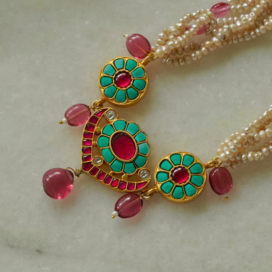 Firoza and pink, 3-piece Choker strung in precious pearls with earrings