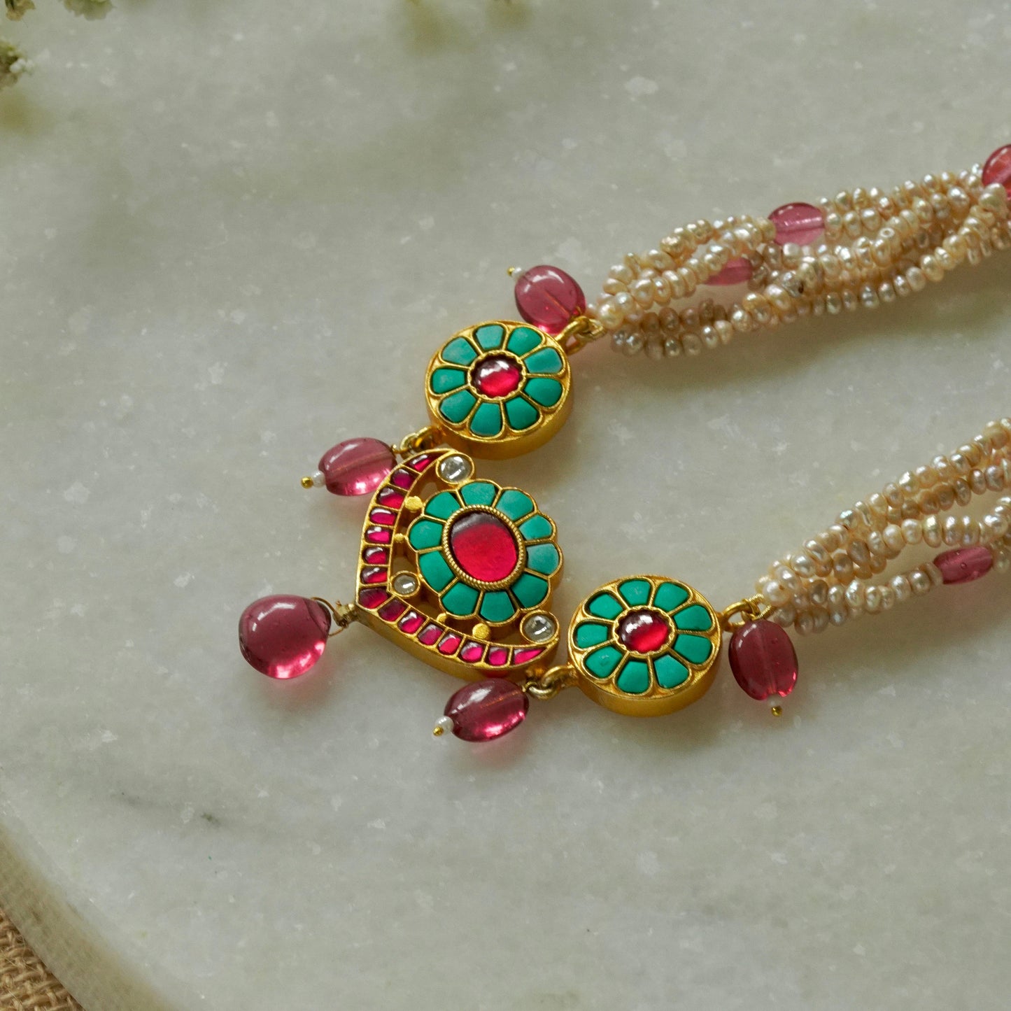 Firoza and pink, 3-piece Choker strung in precious pearls with earrings