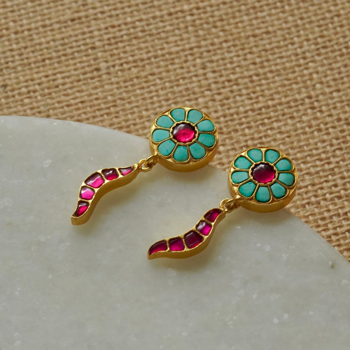 Firoza and pink, 3-piece Choker strung in precious pearls with earrings