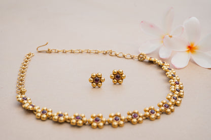 Multifloral konkani heritage chokar with natural red stones and earrings