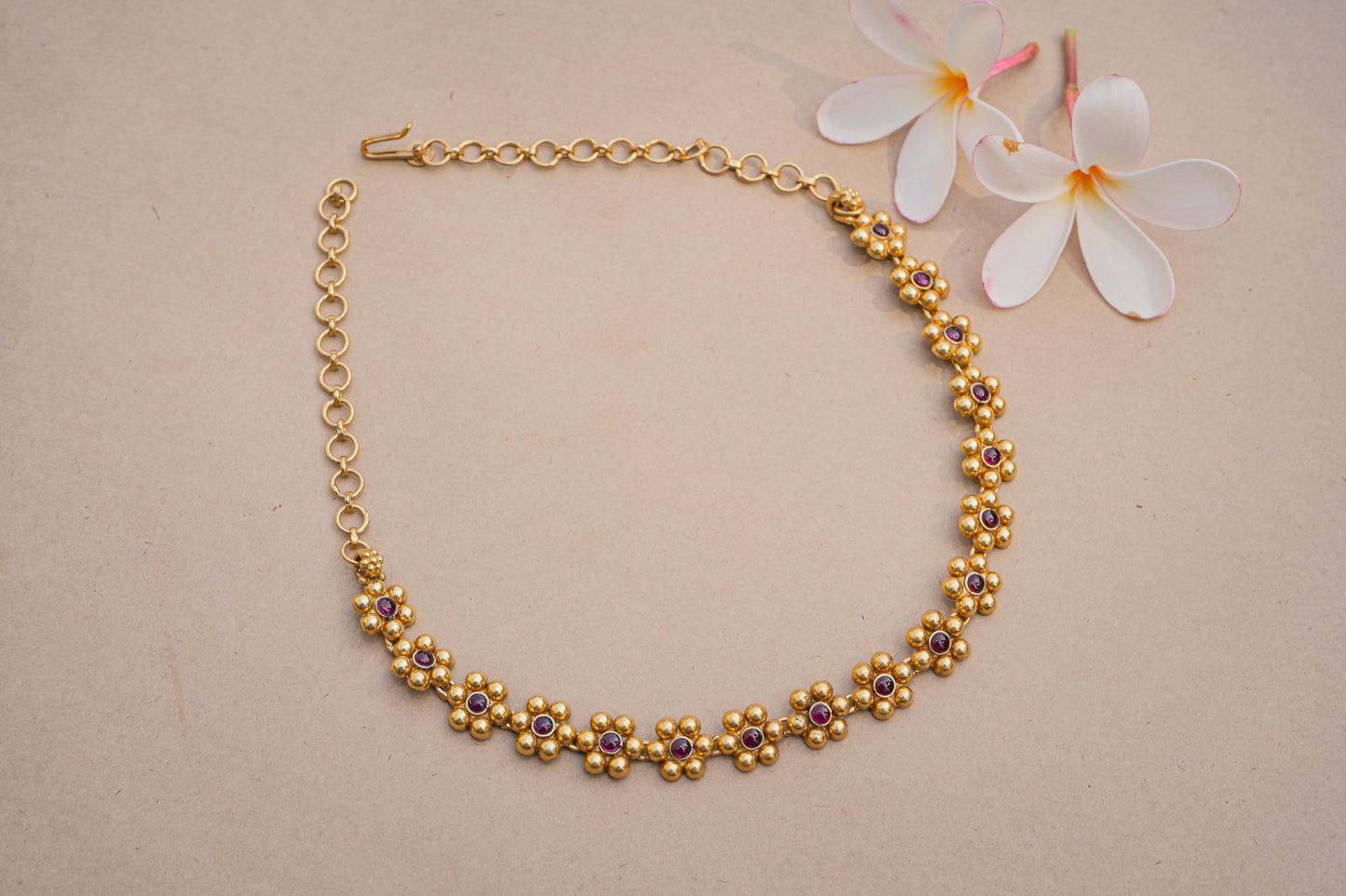 Multifloral konkani heritage chokar with natural red stones and earrings