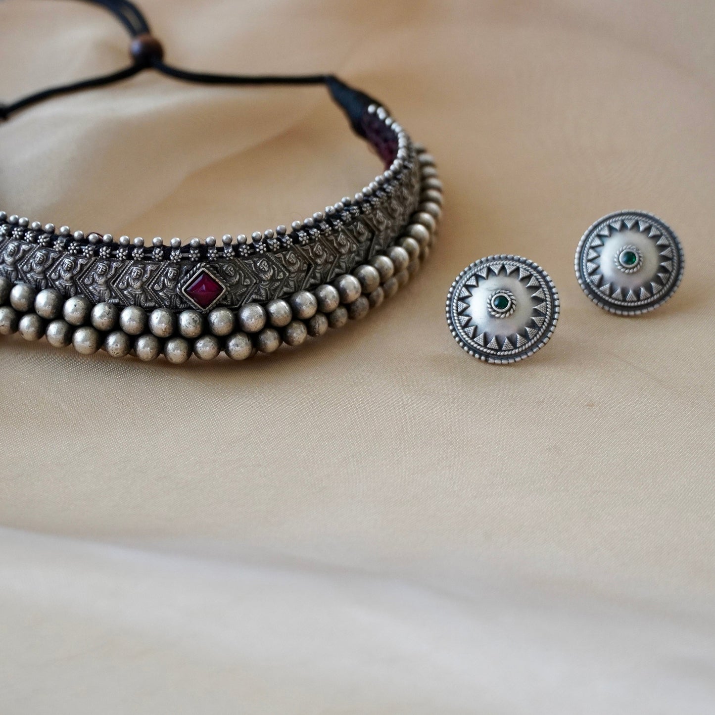 Black Stone Necklace with Pendant and Earrings