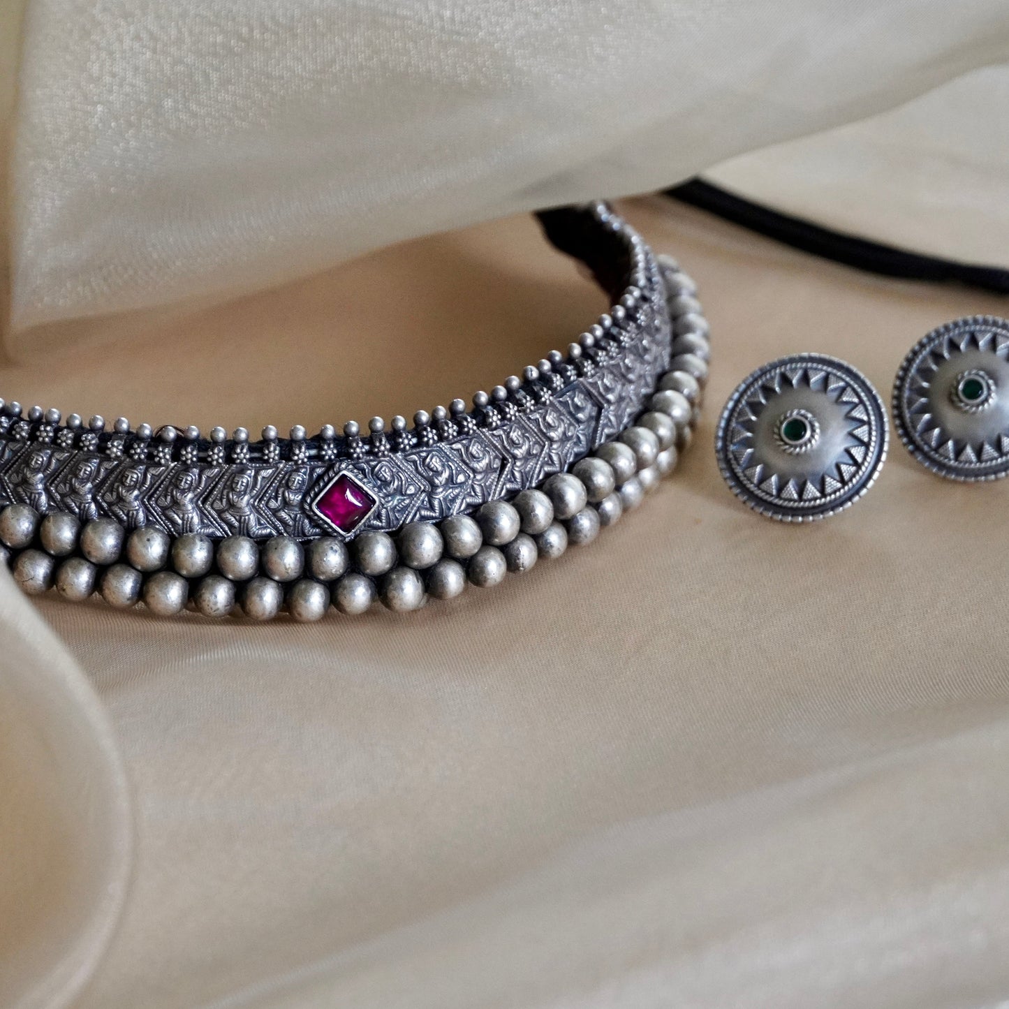Black Stone Necklace with Pendant and Earrings