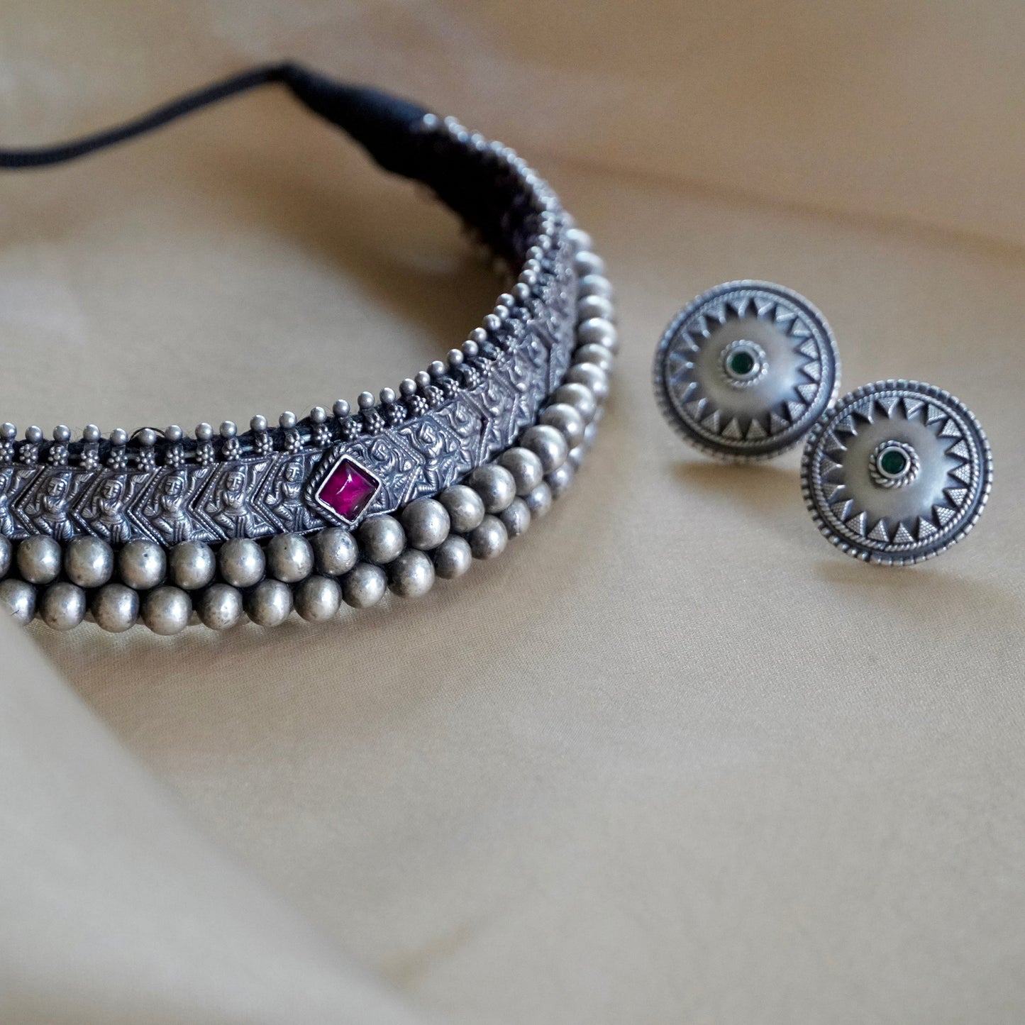 Black Stone Necklace with Pendant and Earrings