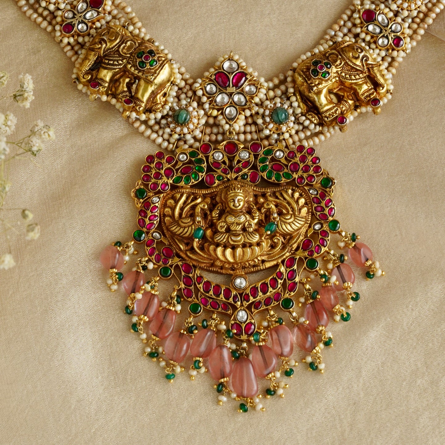 Laxmiji Pendant with Gaj fastened on precious fresh-water pearls