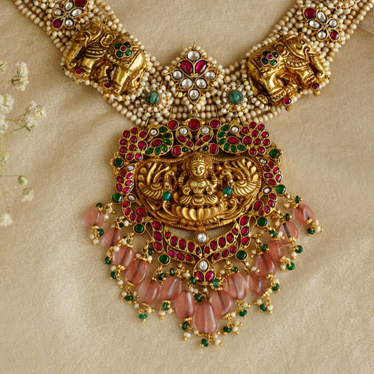 Laxmiji Pendant with Gaj fastened on precious fresh-water pearls