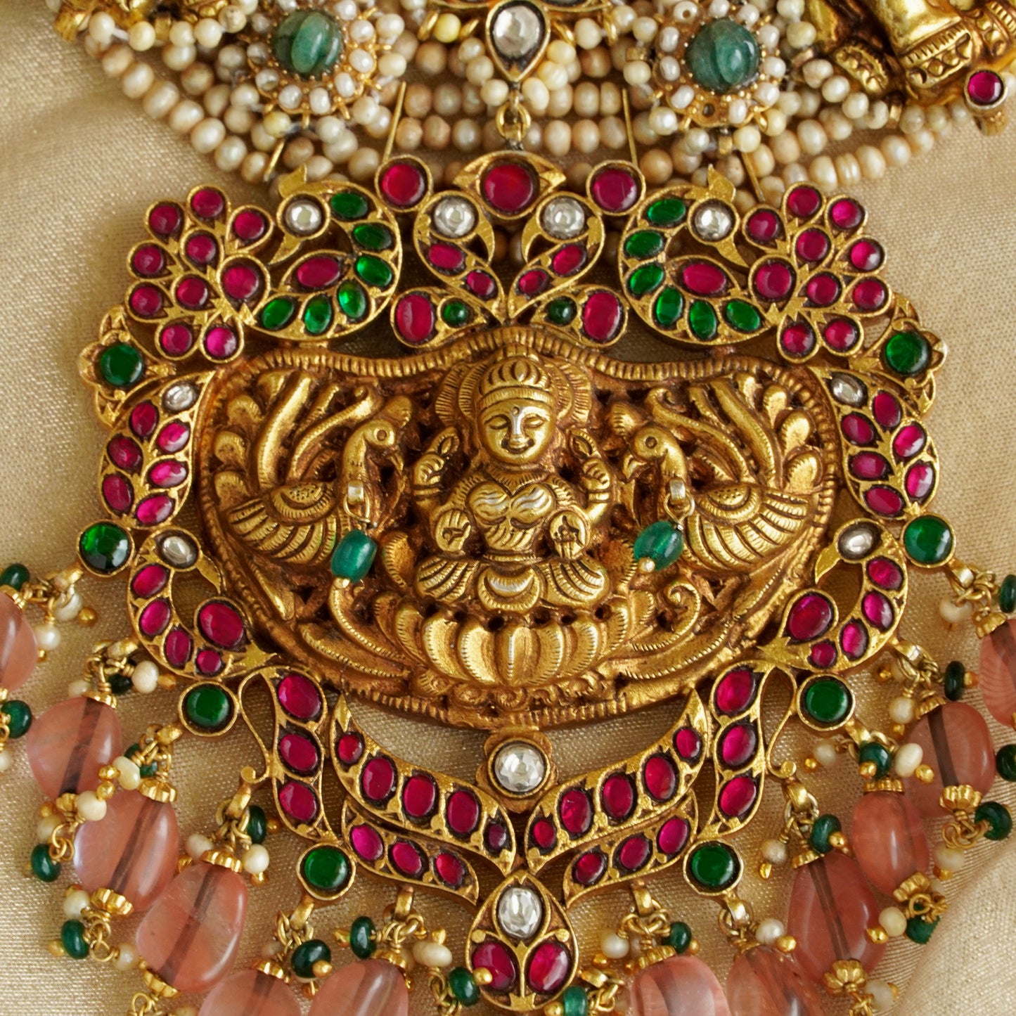 Laxmiji Pendant with Gaj fastened on precious fresh-water pearls