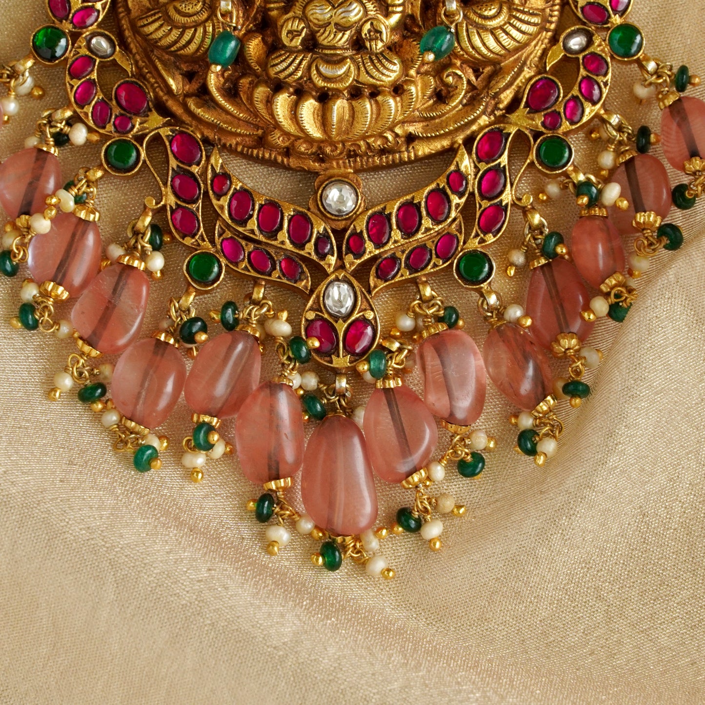 Laxmiji Pendant with Gaj fastened on precious fresh-water pearls