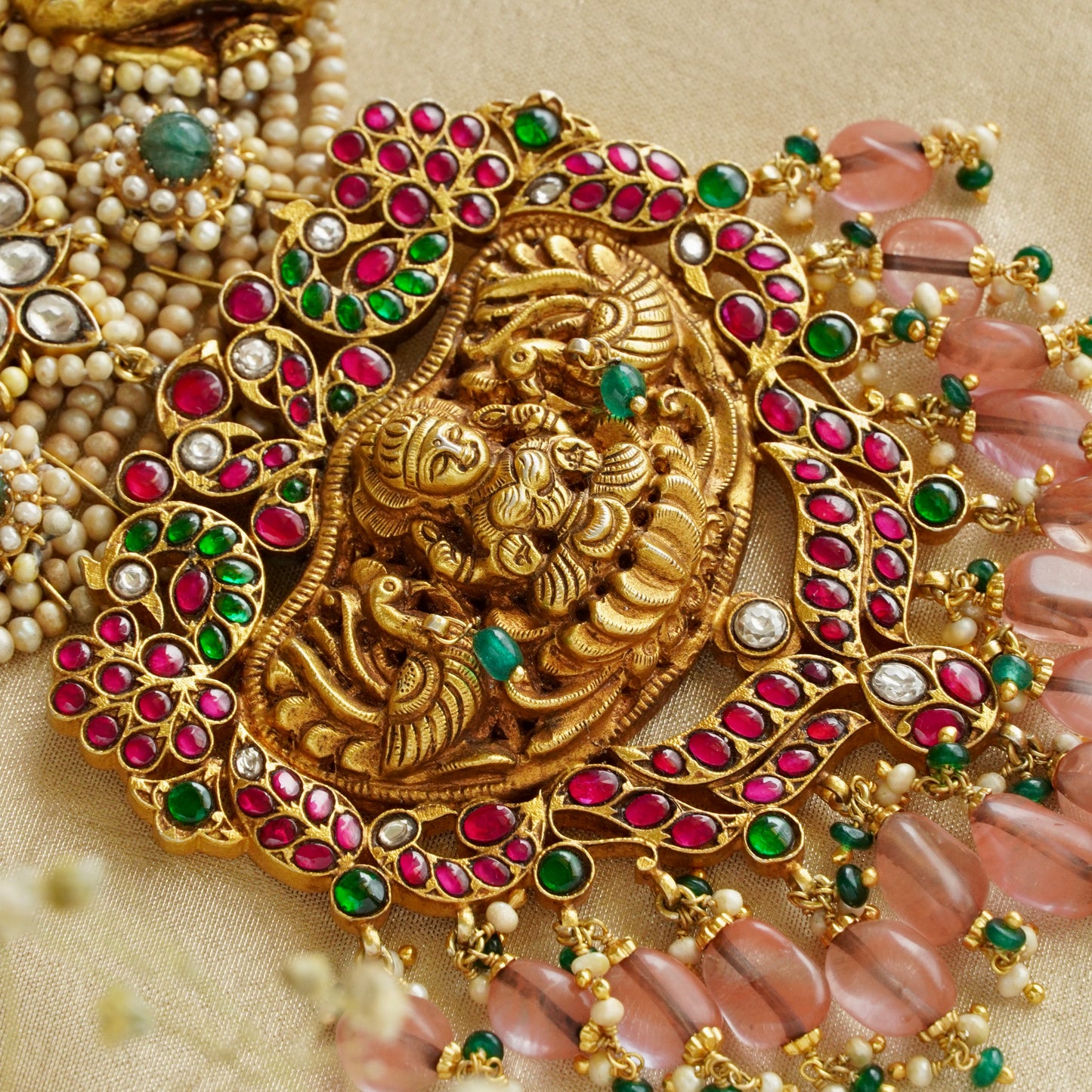 Laxmiji Pendant with Gaj fastened on precious fresh-water pearls