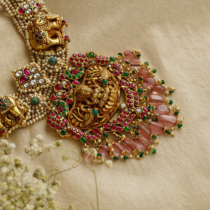 Laxmiji Pendant with Gaj fastened on precious fresh-water pearls