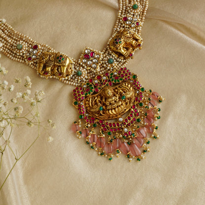Laxmiji Pendant with Gaj fastened on precious fresh-water pearls