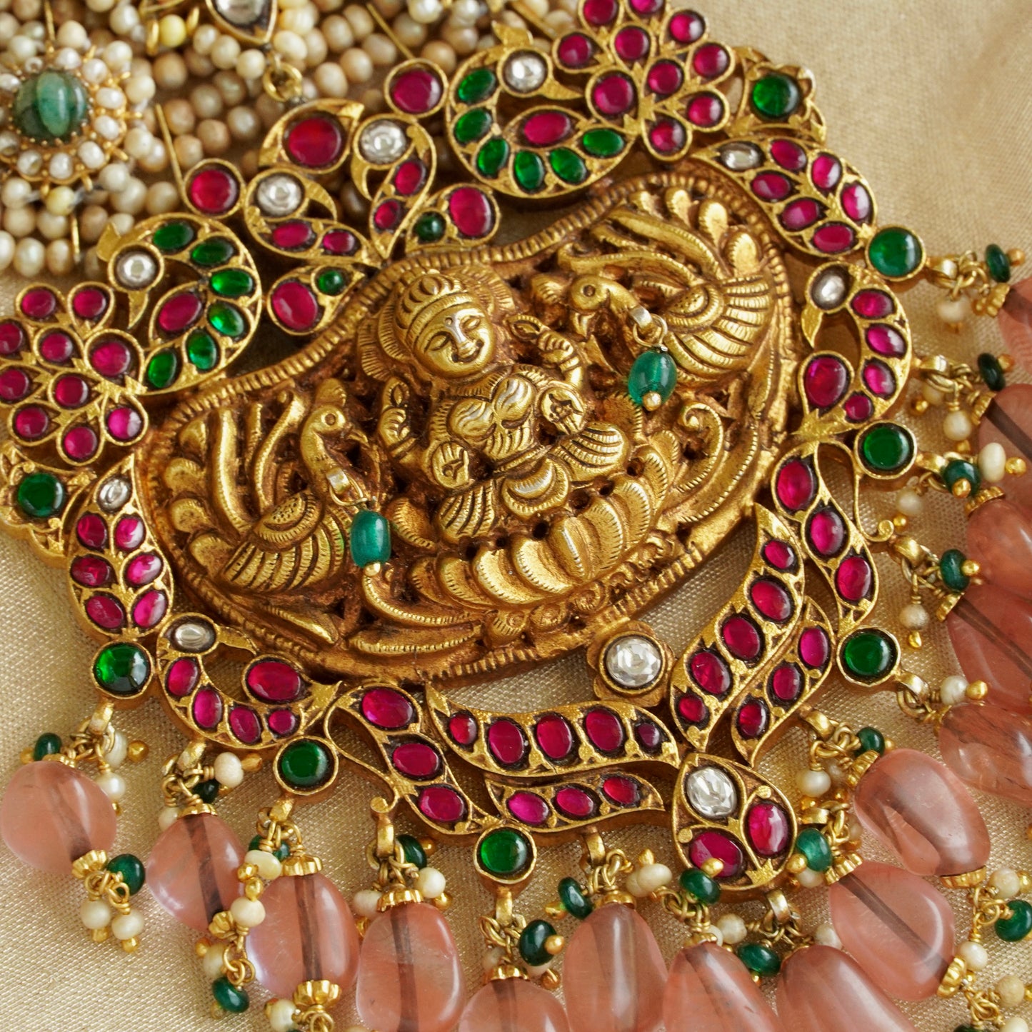 Laxmiji Pendant with Gaj fastened on precious fresh-water pearls