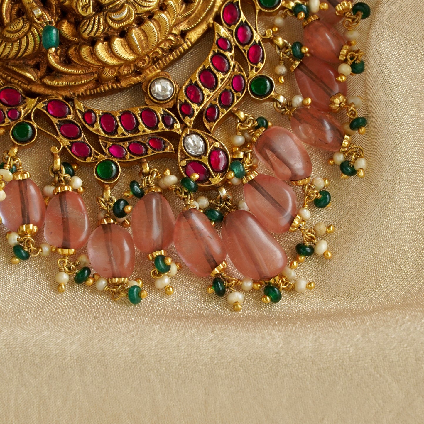 Laxmiji Pendant with Gaj fastened on precious fresh-water pearls