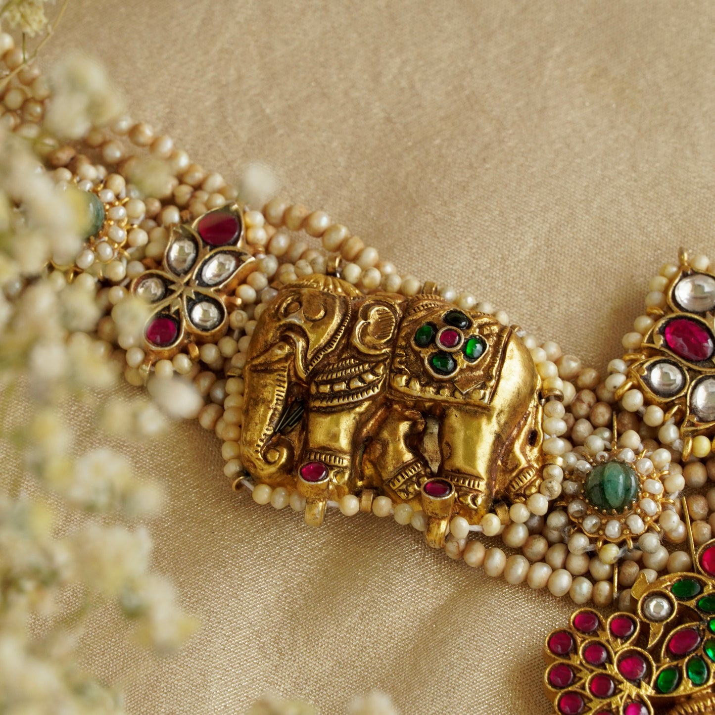 Laxmiji Pendant with Gaj fastened on precious fresh-water pearls