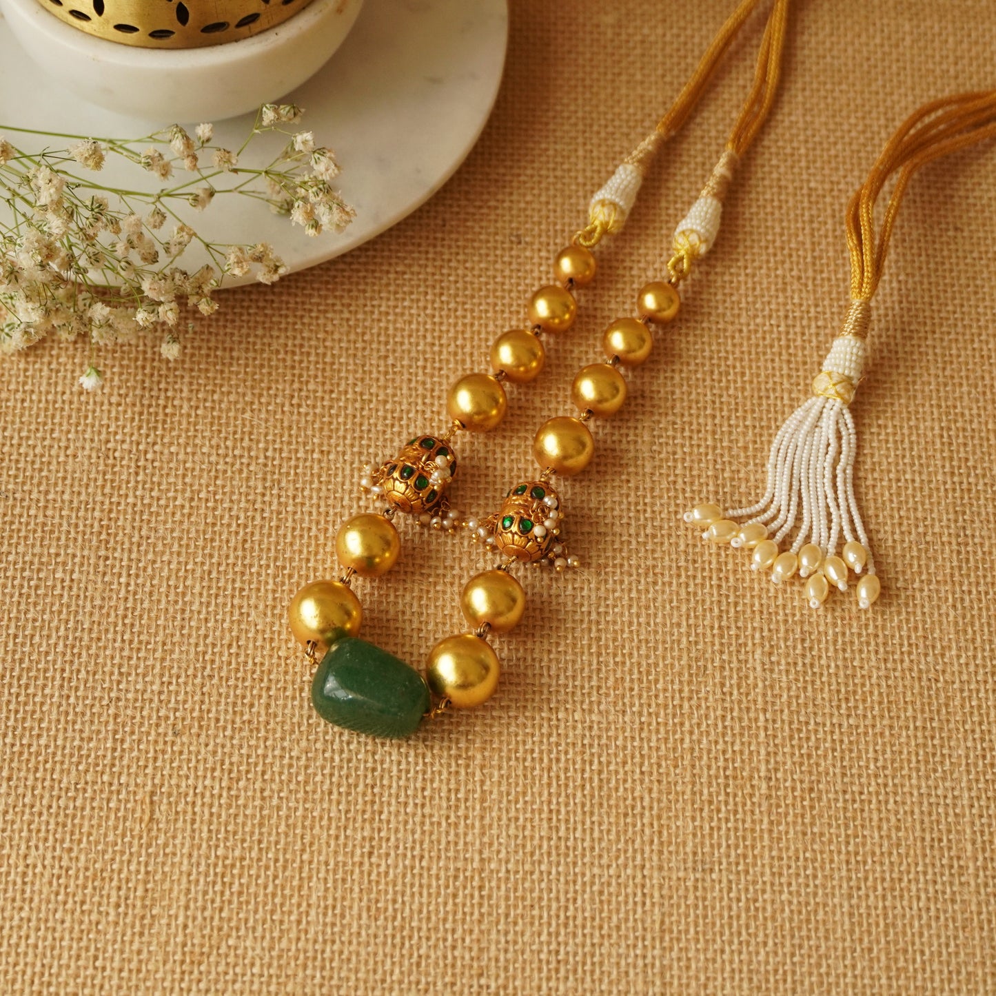 Balls with Green Stone Center Necklace