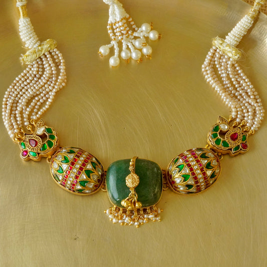 Multi stone bolster amulet necklace with green centre stone
