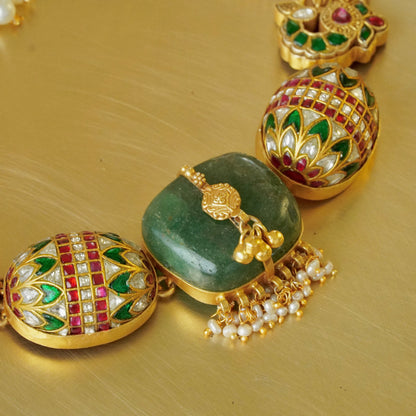 Multi stone bolster amulet necklace with green centre stone