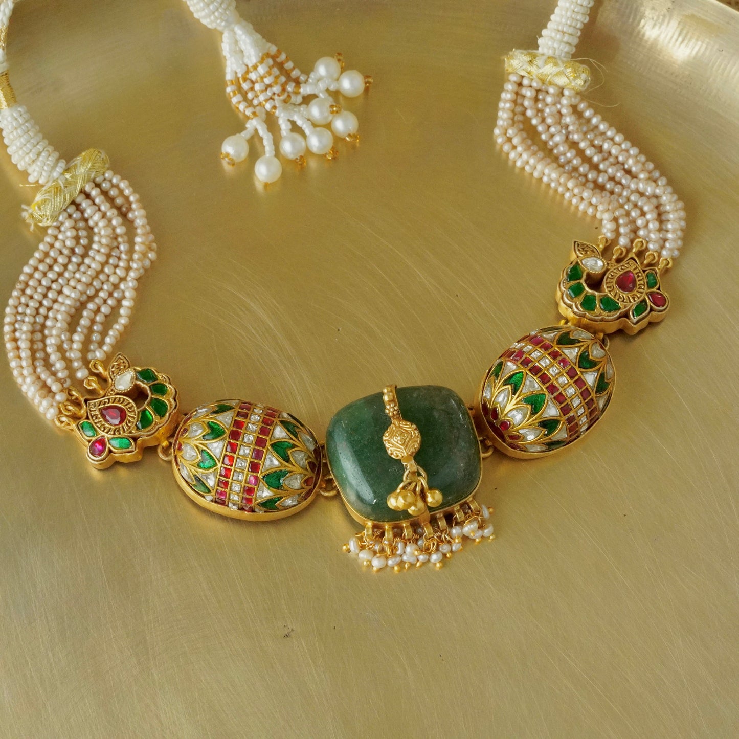 Multi stone bolster amulet necklace with green centre stone