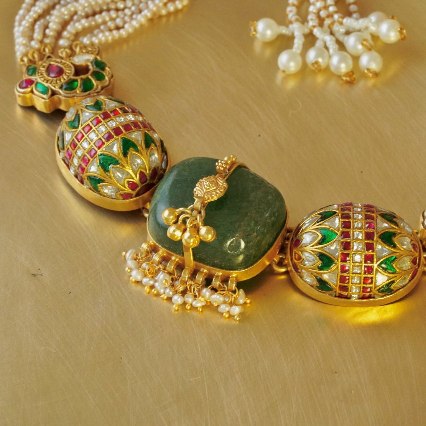 Multi stone bolster amulet necklace with green centre stone