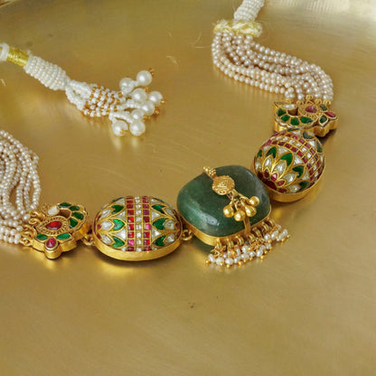 Multi stone bolster amulet necklace with green centre stone