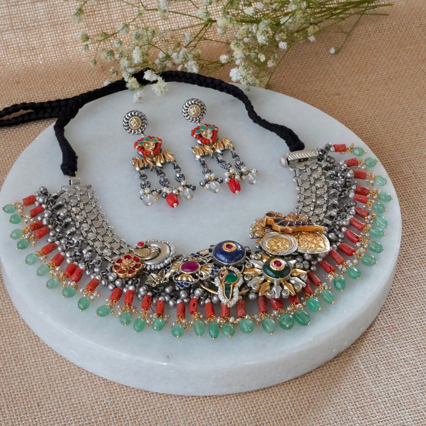 Blue round Stone and Peacock motifs with Coral hangings