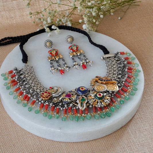 Blue round Stone and Peacock motifs with Coral hangings