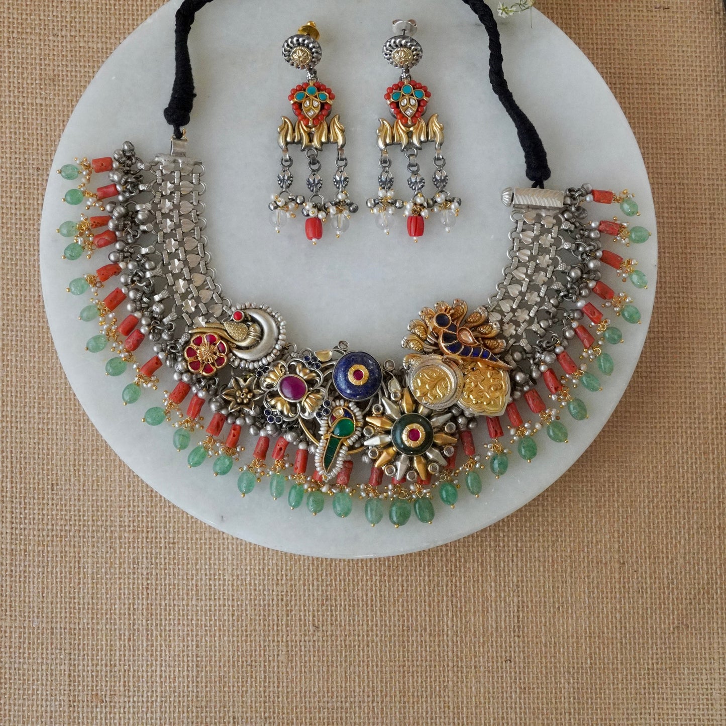 Blue round Stone and Peacock motifs with Coral hangings