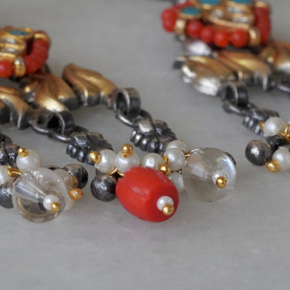 Blue round Stone and Peacock motifs with Coral hangings