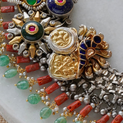 Blue round Stone and Peacock motifs with Coral hangings