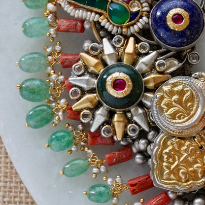 Blue round Stone and Peacock motifs with Coral hangings