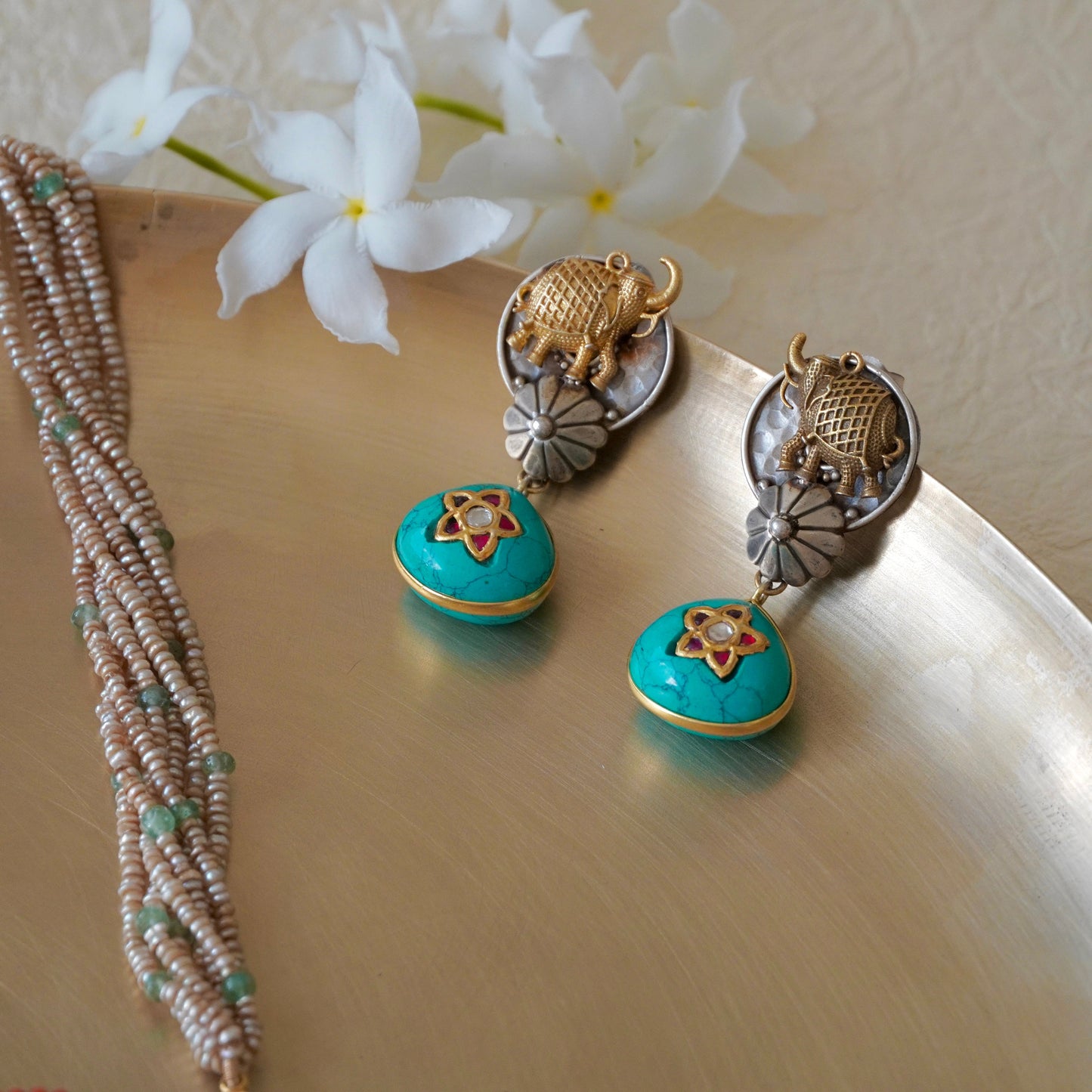 Firoza gemstone on Amulate over a Nagada piece fastened in fresh-water precious pearls and earrings