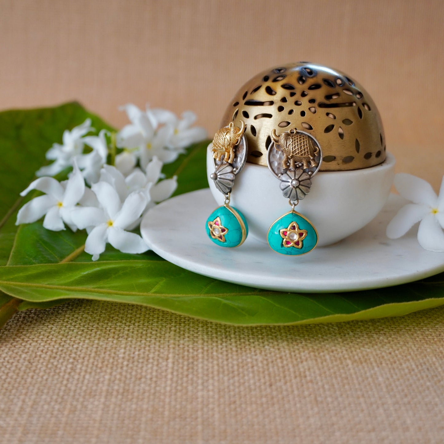 Firoza gemstone on Amulate over a Nagada piece fastened in fresh-water precious pearls and earrings